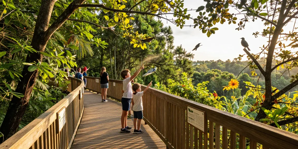 Treetop Walkway filled with families exploring nature among lush trees and vibrant foliage.