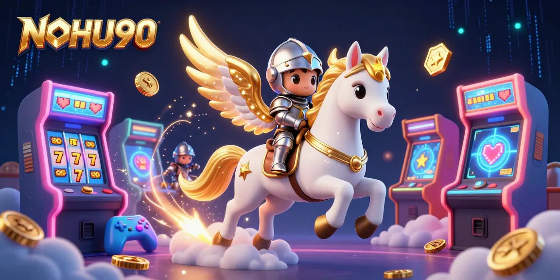 Engage in the thrilling games on NOHU90 with a dynamic casino-themed digital illustration featuring slots and vibrant characters.