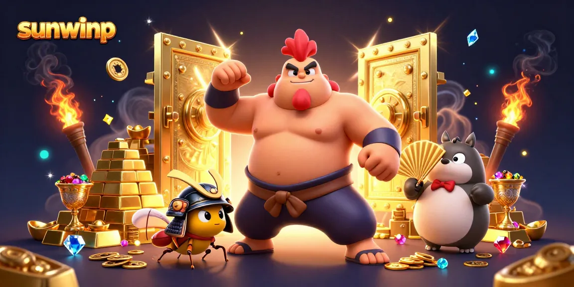 Engage with sunwinp in a vibrant casino scene filled with treasure, characters, and dynamic game elements.