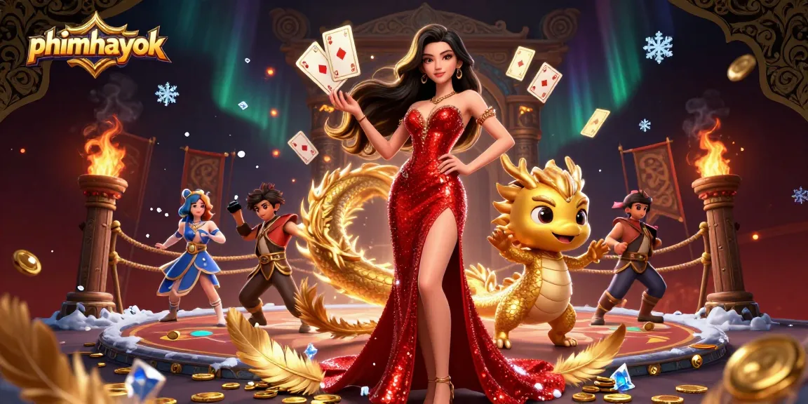 Experience thrilling casino excitement with phimhayok as a glamorous Asian woman welcomes players amid rich gambling elements.
