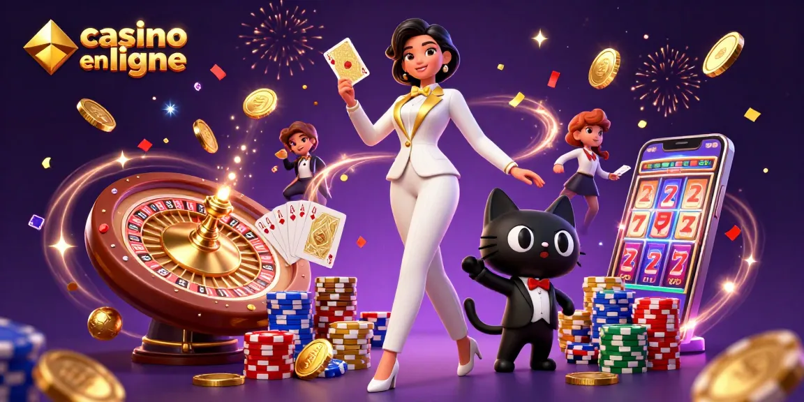 Scène de casino en ligne passionnante avec un croupier glamour, un chat en smoking et des jetons vibrants.