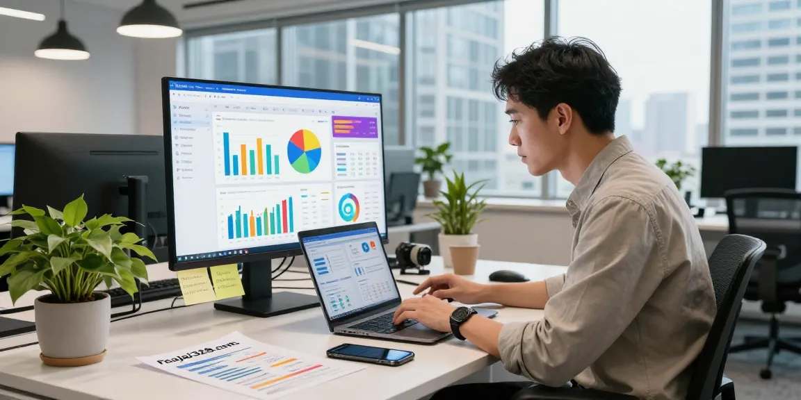 Marketing professional analyzing data at raja328.com workspace with vibrant analytics and modern office decor.