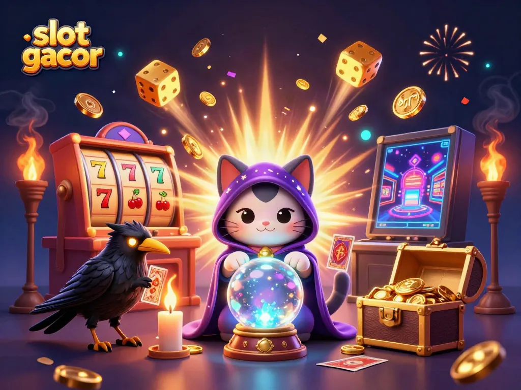 Slot gacor menarik dengan grafis mendetail, menggambarkan mesin slot dan karakter mistis.