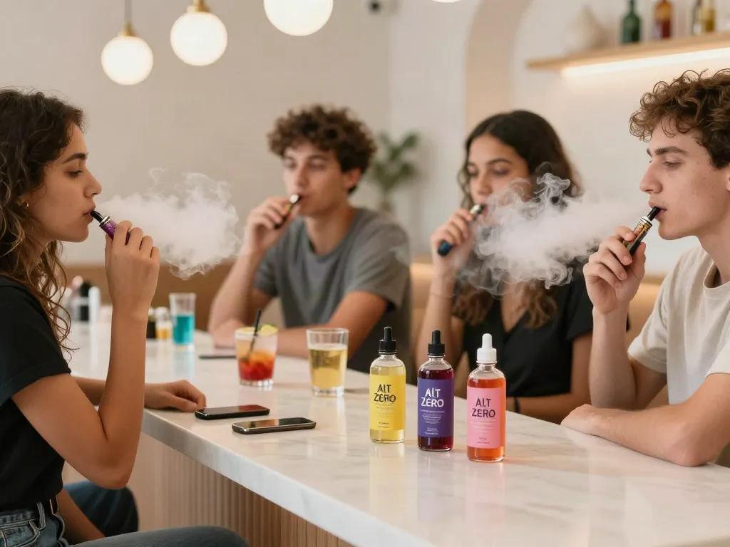 Vaping enthusiasts enjoying Alt Zero E-Liquid in a stylish lounge.