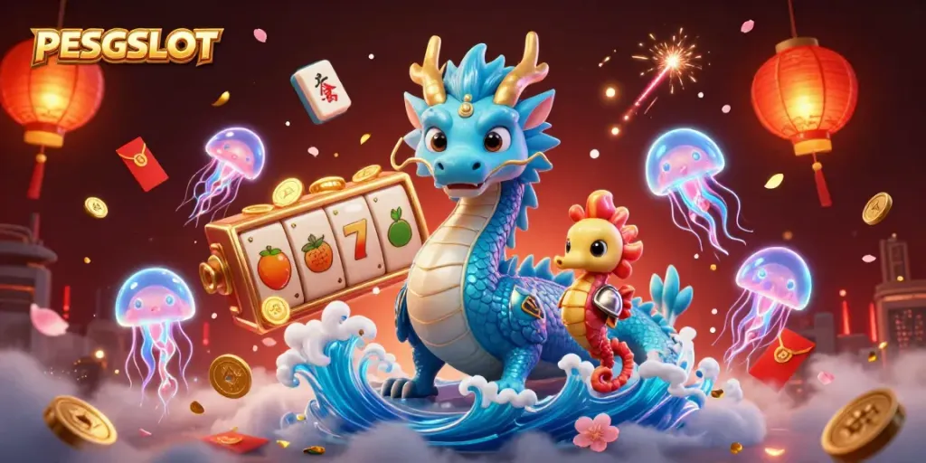 Gambarkan permainan slot PESGSLOT yang menarik dengan elemen naga, kuda laut, dan ubur-ubur.