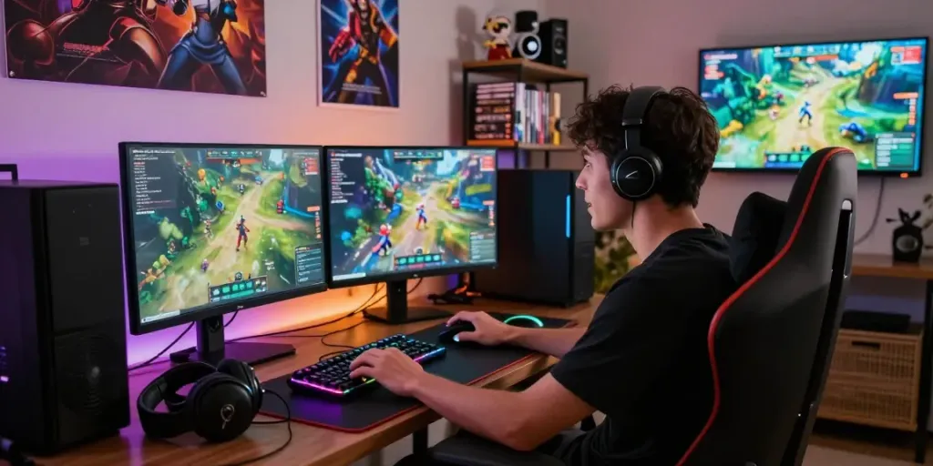 Gamer immersed in rokok88 gaming experience at a modern setup, dual monitors, vibrant graphics.