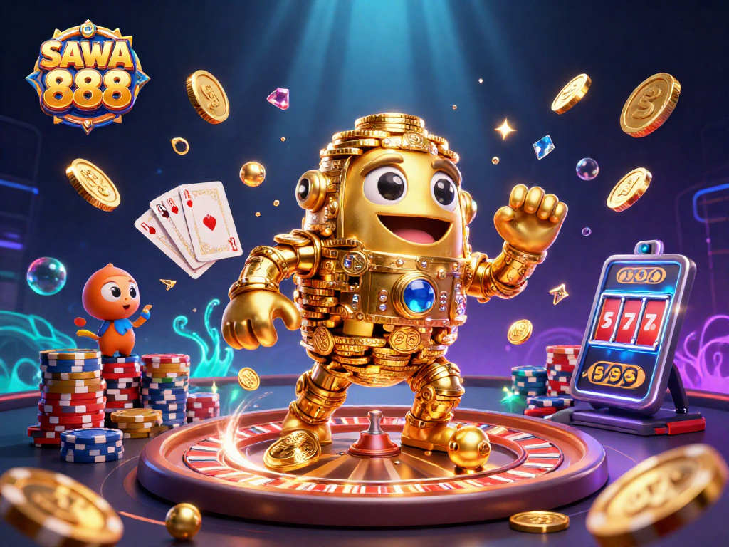 Experience the thrill of SAWA 888 with exciting slot symbols and spinning coins in a vibrant casino scene.