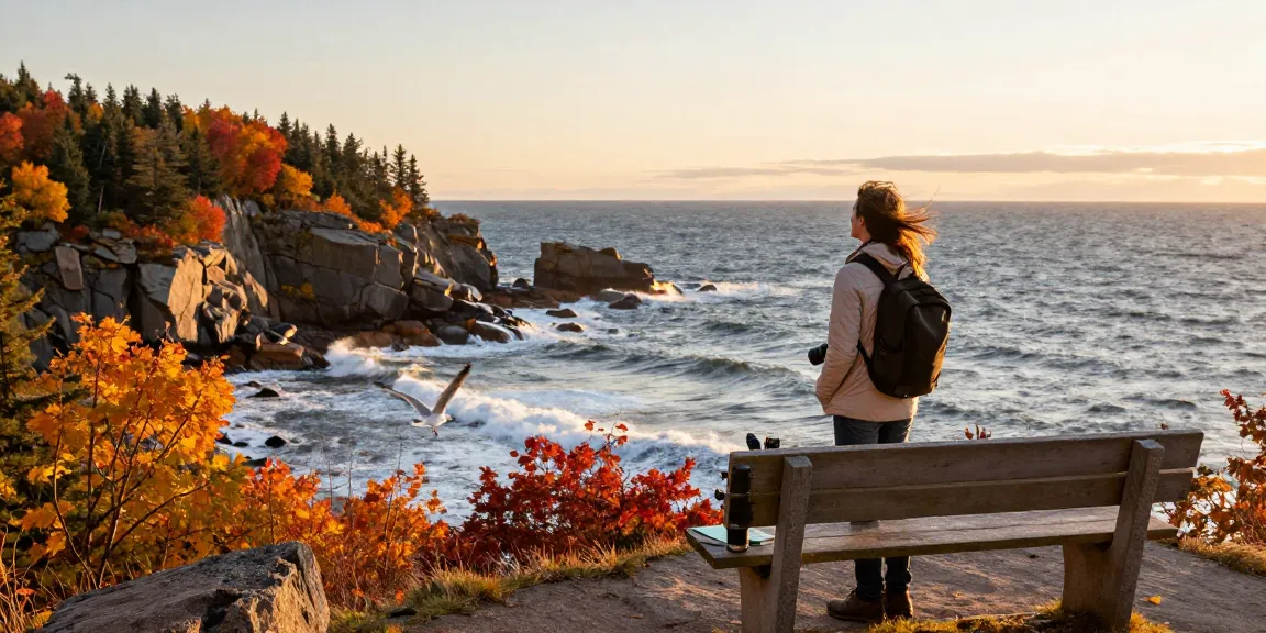 Serge Robichaud enjoying a coastal view in New Brunswick during fall, showcasing vibrant autumn colors and dramatic cliffs.