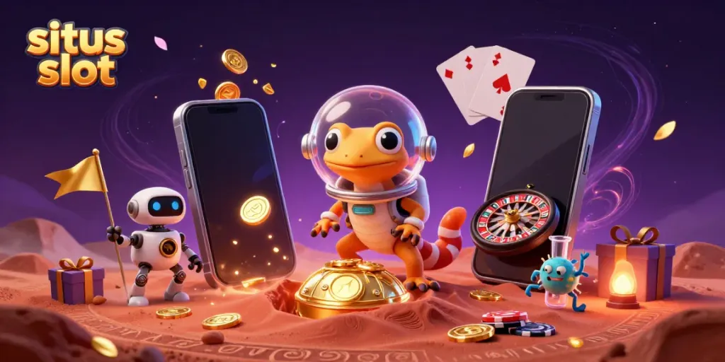 Menangkan bonus besar di situs slot dengan gecko Mars dan kasino emas di latar belakang.