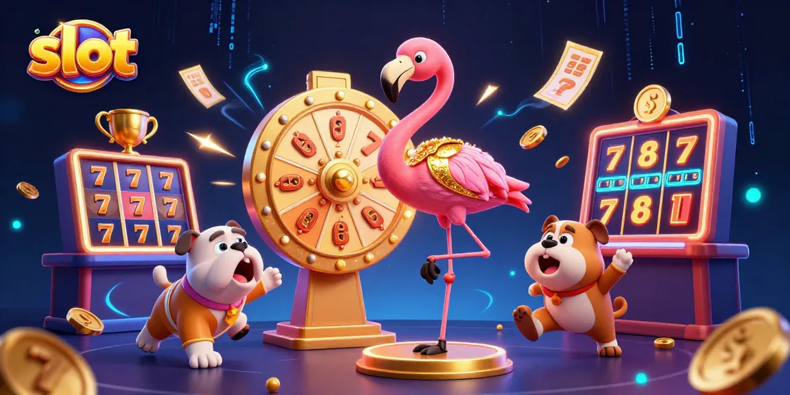 Spin exciting slot reels and win prizes with a playful flamingo, bulldog, and scoreboard!