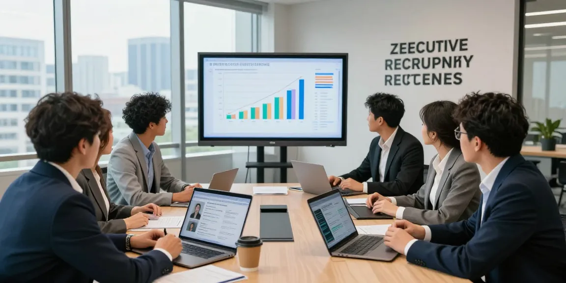 Collaboration on the history of executive recruiting in a modern office environment.