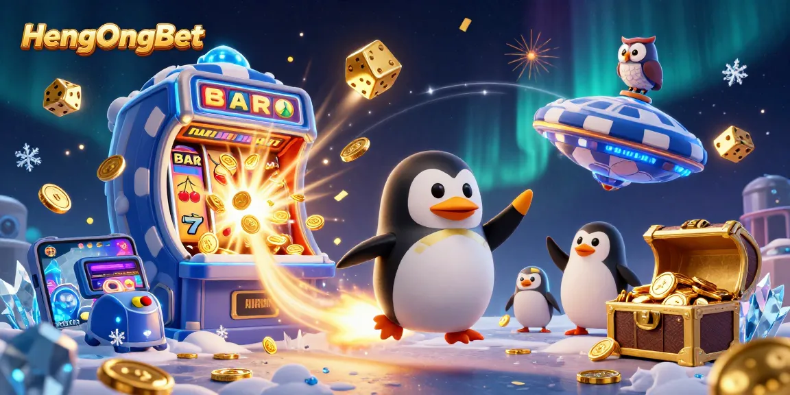 Experience the excitement of HengOngBet with vibrant 3D casino elements, including a rocket penguin and slot machine.