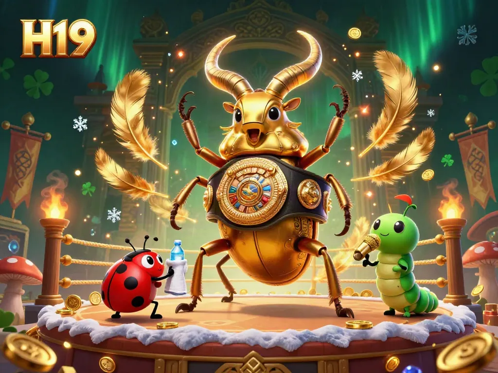 Bet big on H19 with a dynamic illustration of a golden stag beetle champion in a vibrant casino battle arena.