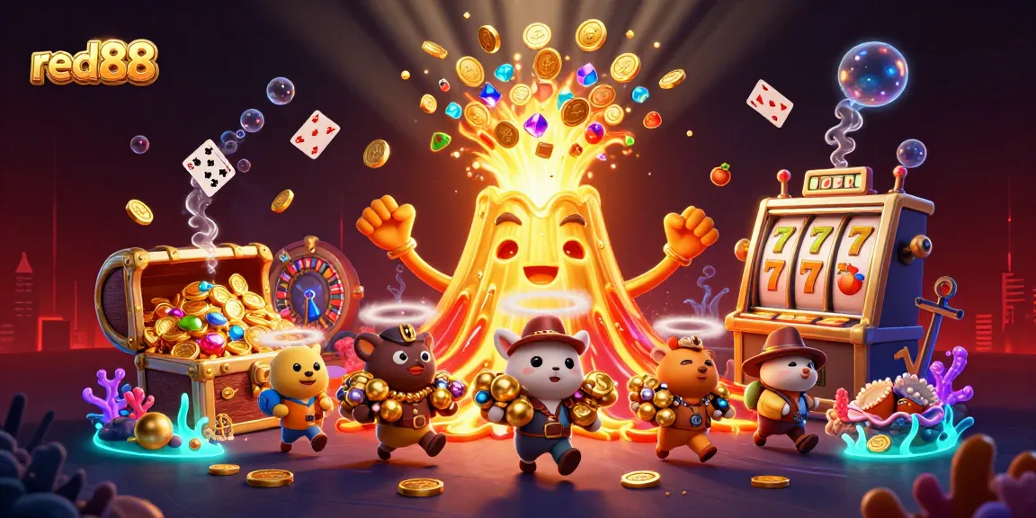 Win big with red88's exciting slot games featuring dynamic characters and a treasure-filled scene.
