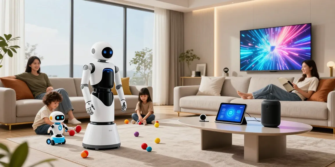Home robot assisting a family in a modern living room while children play, showcasing innovative home technology.