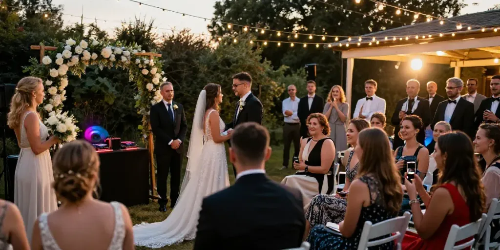 hochzeit DJ berlin brandenburg wedding scene with couple exchanging vows and DJ booth.