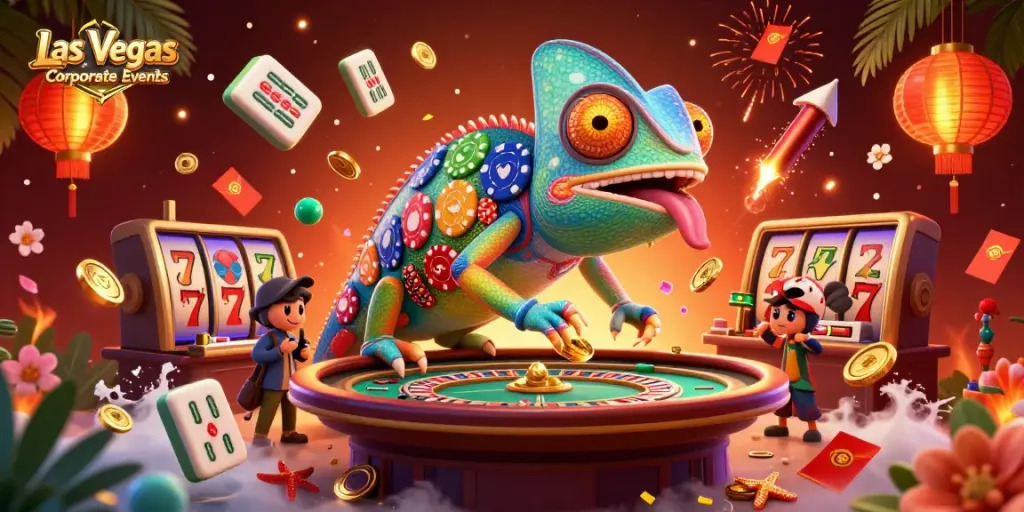 Experience Las Vegas Corporate Events with vibrant 3D illustration of a dynamic casino scene.