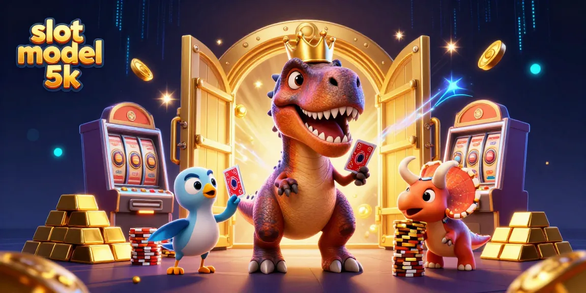Spin to win with slot modal 5k as a cartoon T-Rex shuffles cards amidst golden treasures.