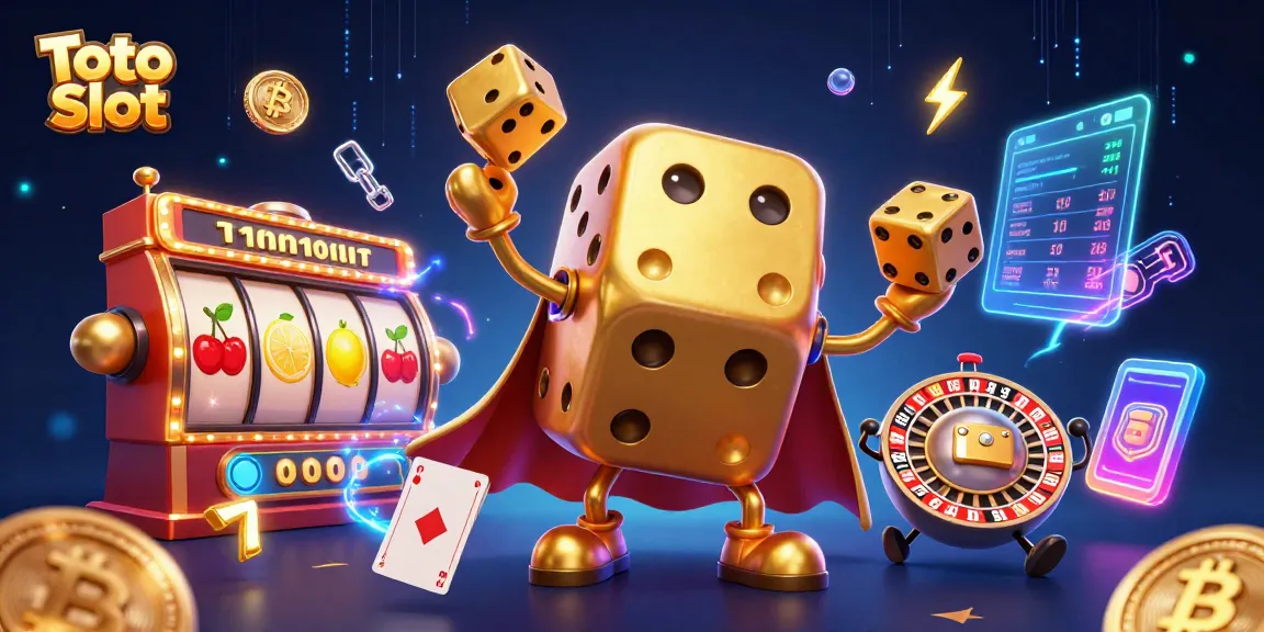 Toto Slot menampilkan ilustrasi kasino 3D dengan dadu emas, simbol slot, dan efek blockchain.
