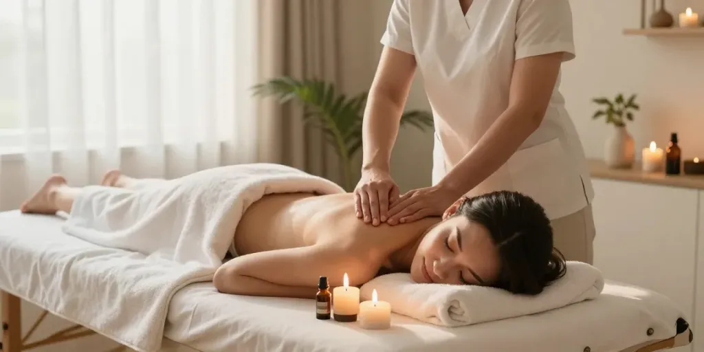 Relaxing 출장안마 session in a serene home spa environment with soothing aromatherapy.
