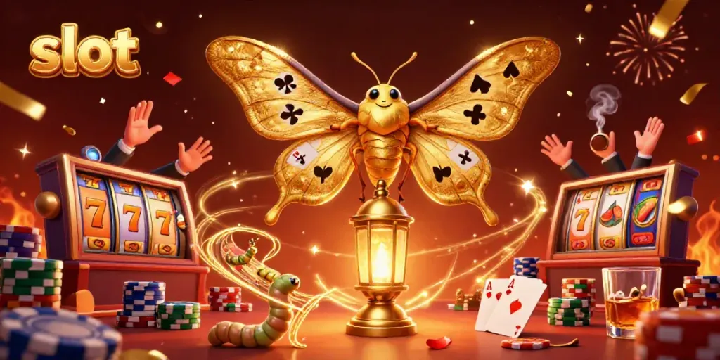Experience the excitement of slots with a vibrant illustration featuring golden moths and festive casino elements.