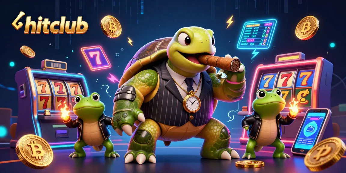 Hitclub gaming scene with a snapping turtle in a suit surrounded by slot machines and crypto elements