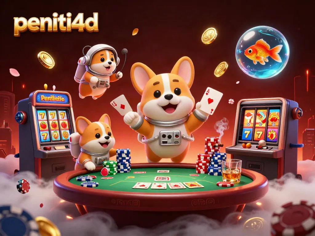 peniti4d menyajikan momen seru permainan slot dengan corgi astronot, chip poker, dan suasana kasino yang menarik.