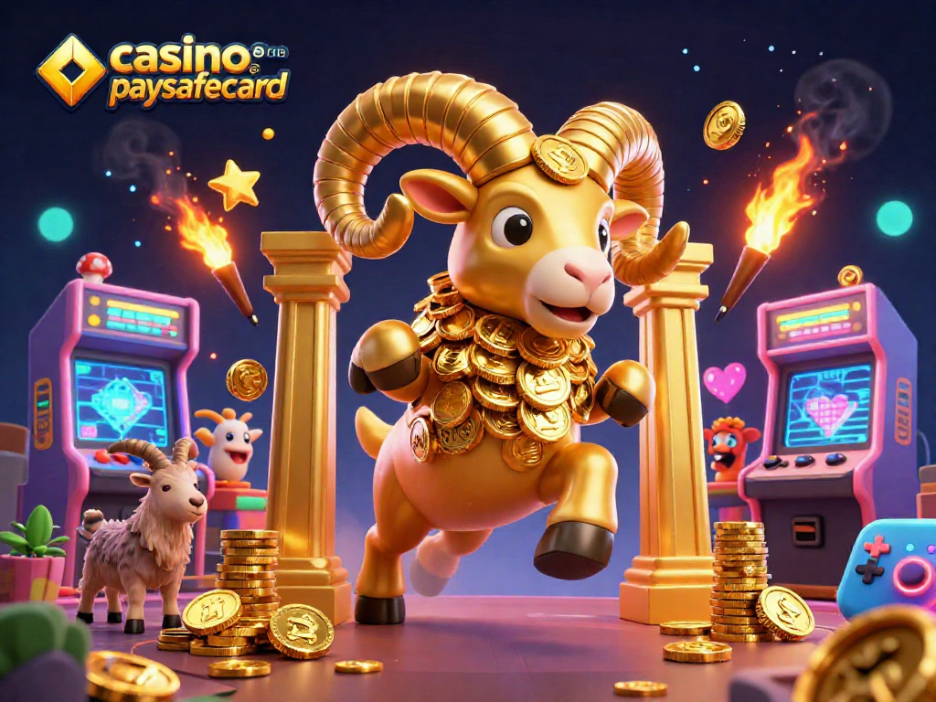 Illustration dynamique d'un casino en ligne paysafecard, montrant un bélier doré symbolique et des machines fascinantes.