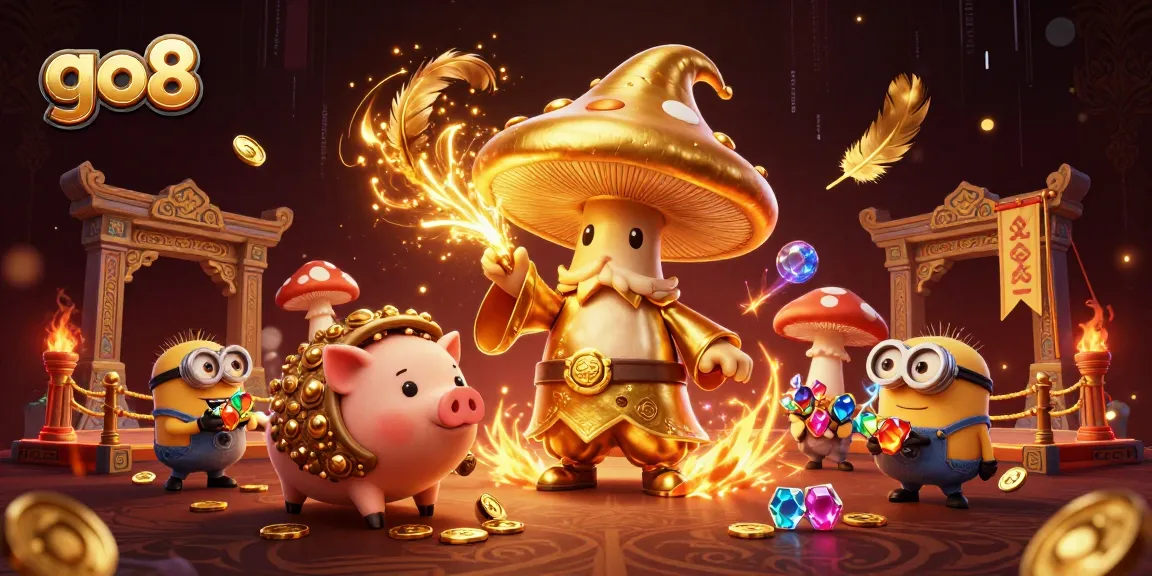 Go8 players uncover treasures with a golden mushroom wizard in a thrilling casino scene filled with excitement.