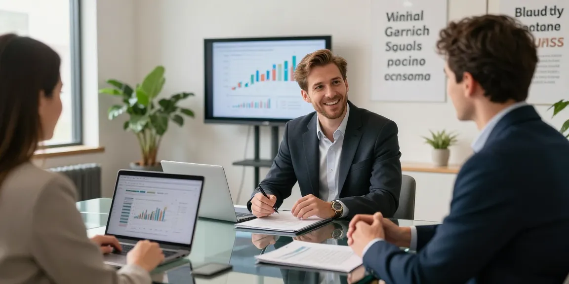 Nathan Garries consulting a client in a modern financial advisory office.