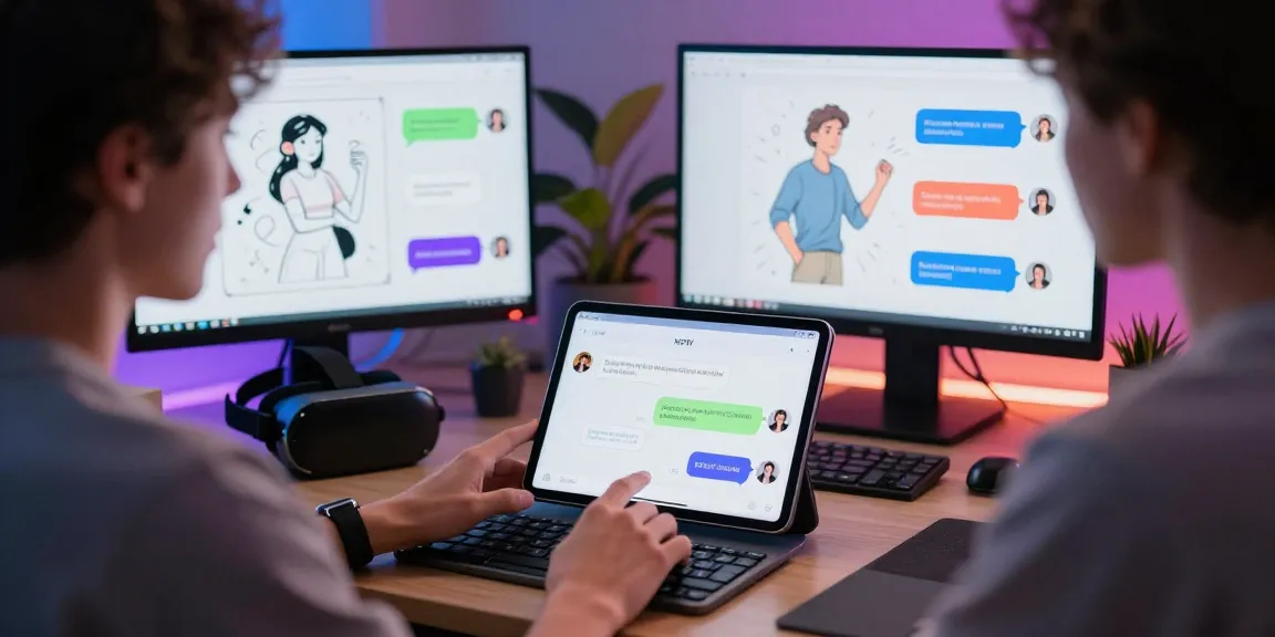 User engaging with an AI NSFW chatbot in a modern digital workspace filled with tech gadgets.
