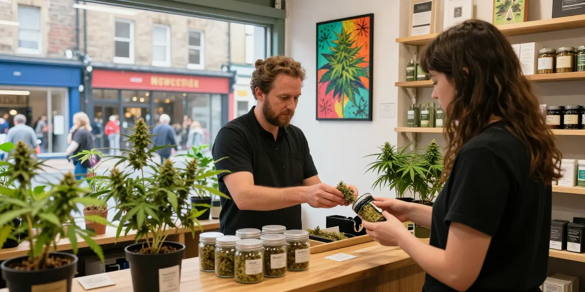 Where Can I Buy Highly-Potent Cannabis In Newcastle, UK? A friendly budtender helps a customer choose quality cannabis products in a welcoming dispensary.