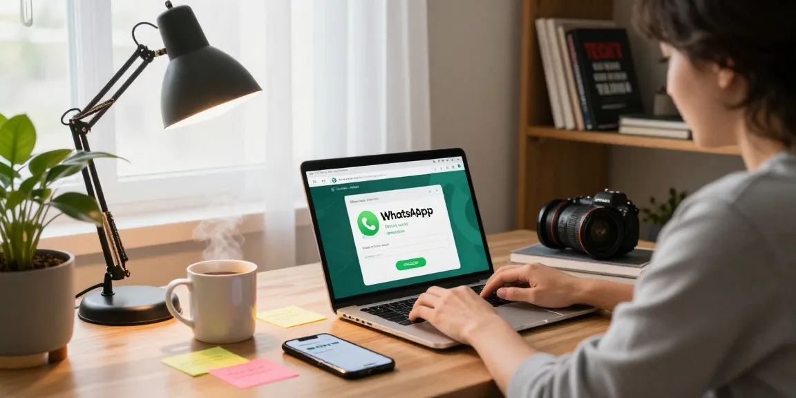 User navigating WhatsApp網頁版 on a laptop in a cozy home office.