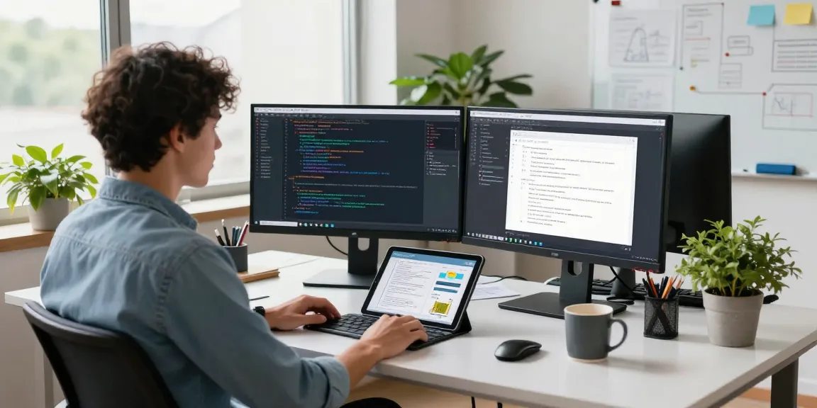 快连 software development workspace with dual monitors and coding tools.