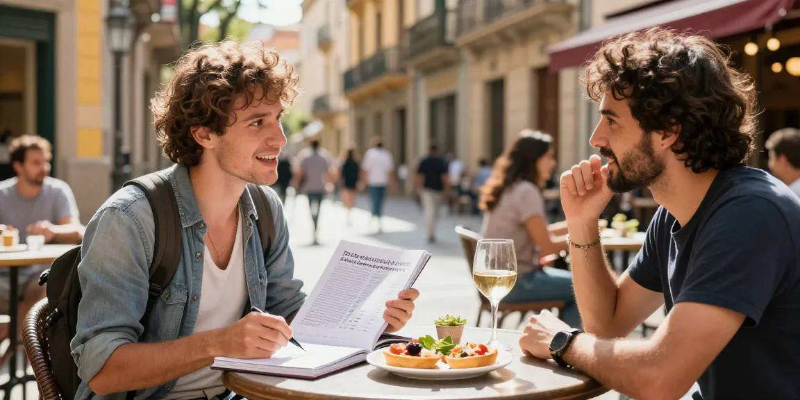 Spanischkurse in Spanien in einem Café im Freien in Barcelona, wo man mit Einheimischen interagiert und lernt.
