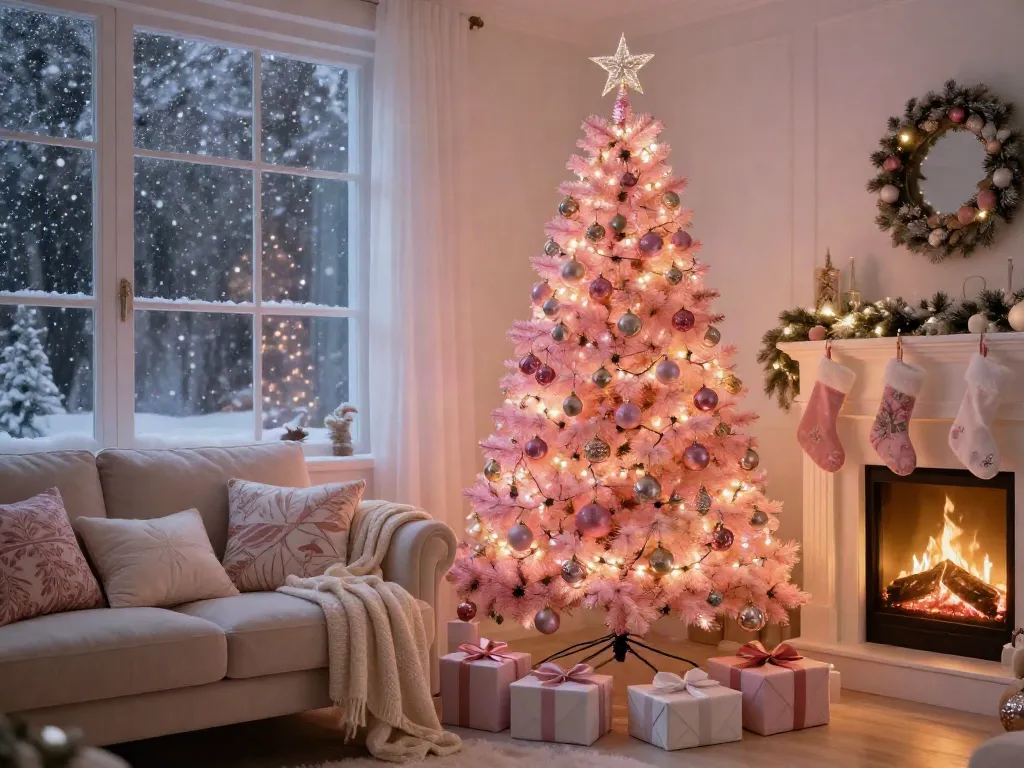 Vibrant pink Christmas tree adorned with decorations in a cozy living room.