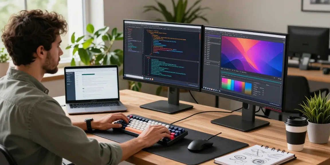 快连 technology workspace with a developer coding on dual monitors, showcasing modern setup and vibrant atmosphere.