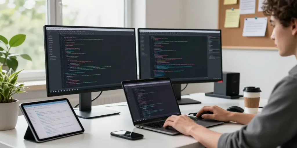 Developer coding at a modern workspace showcasing software on h5.2113.net