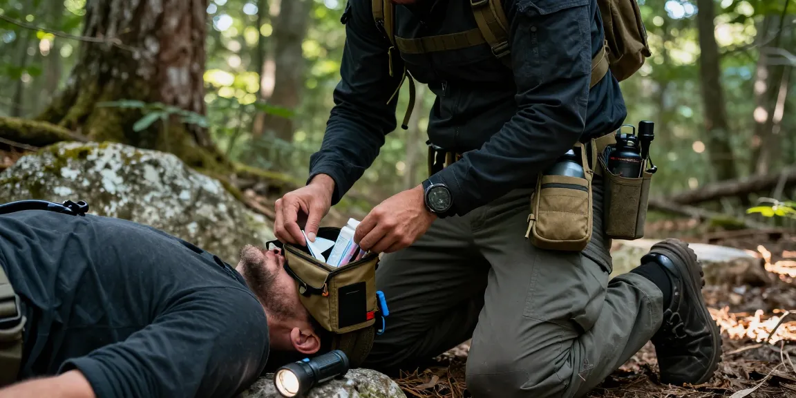 Adventurer using a Belt Medical Pouch for first aid in a wilderness scenario, demonstrating tactical preparedness.