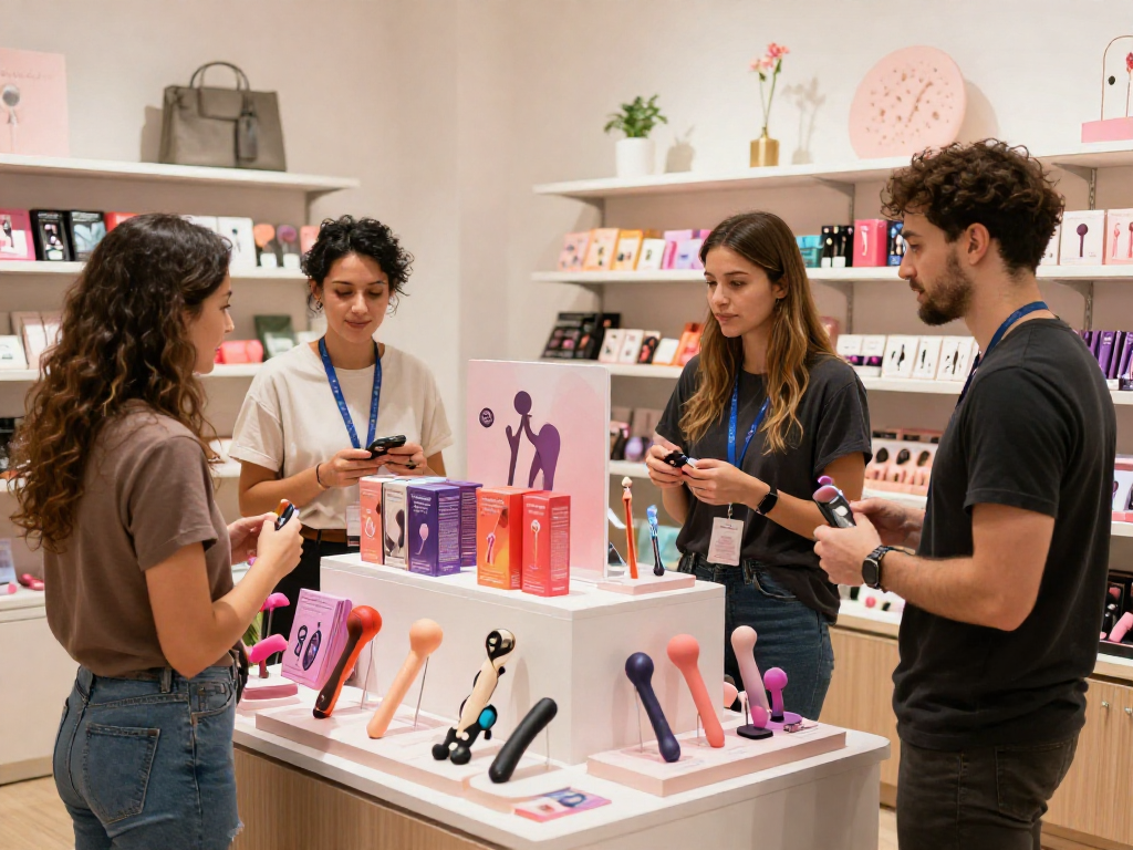 在香港的成人用品店中，顾客舒适地浏览性玩具，展示最新的产品和促销信息。