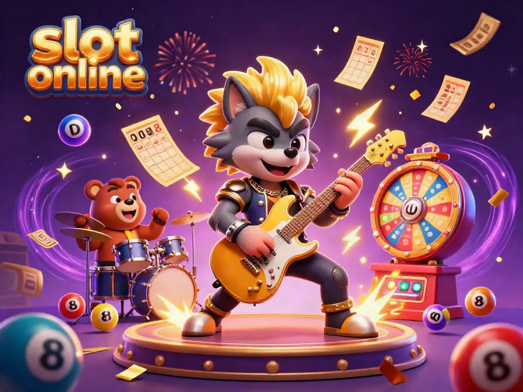 Mengguncang slot online dengan harimau rock star dan beruang drummer, meriahkan dengan bola lotere berwarna.