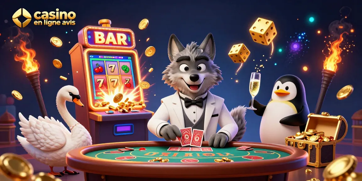 Découvrez le monde des avis sur les jeux de casino en ligne avec un loup, un cygne et un pingouin en action.