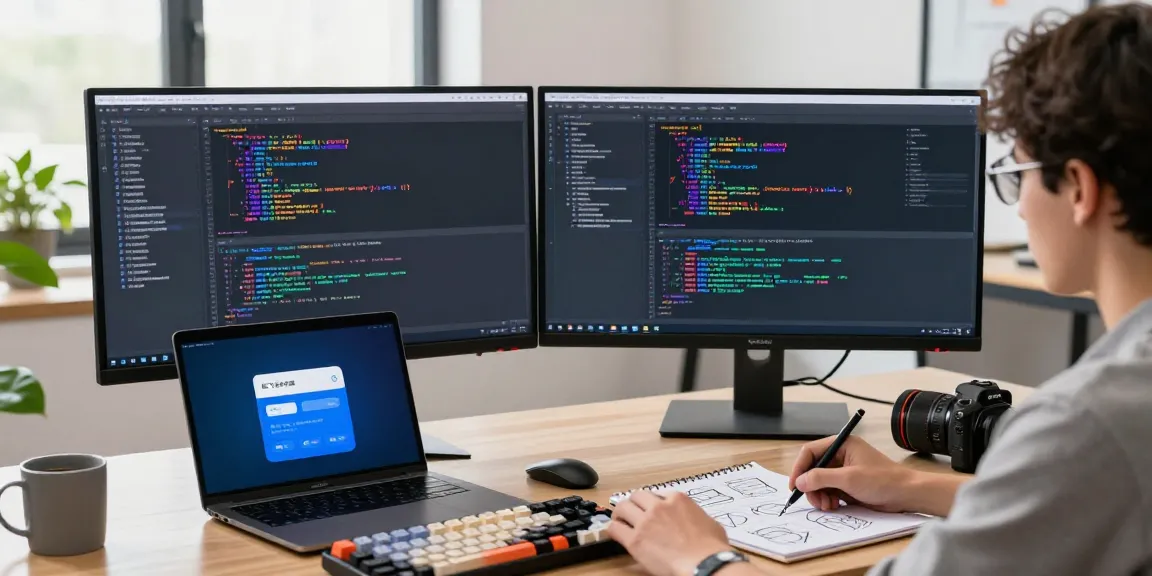 Developer coding the 纸飞机中文版 app in a vibrant office space with dual monitors and coffee.
