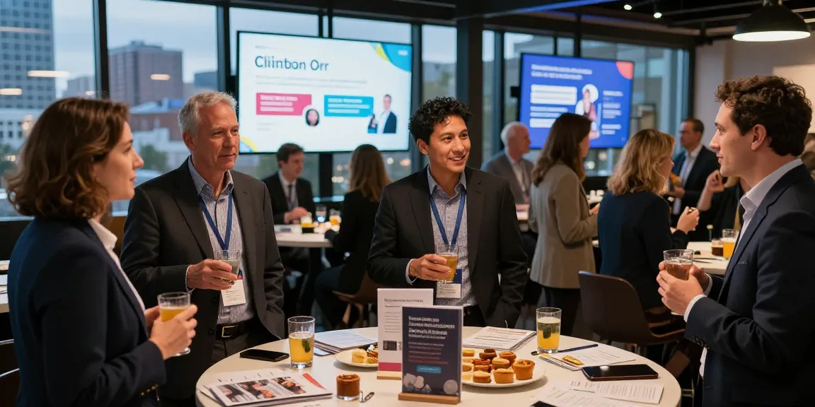Business professionals networking at an urban event featuring Clinton Orr's insights for effective collaboration.