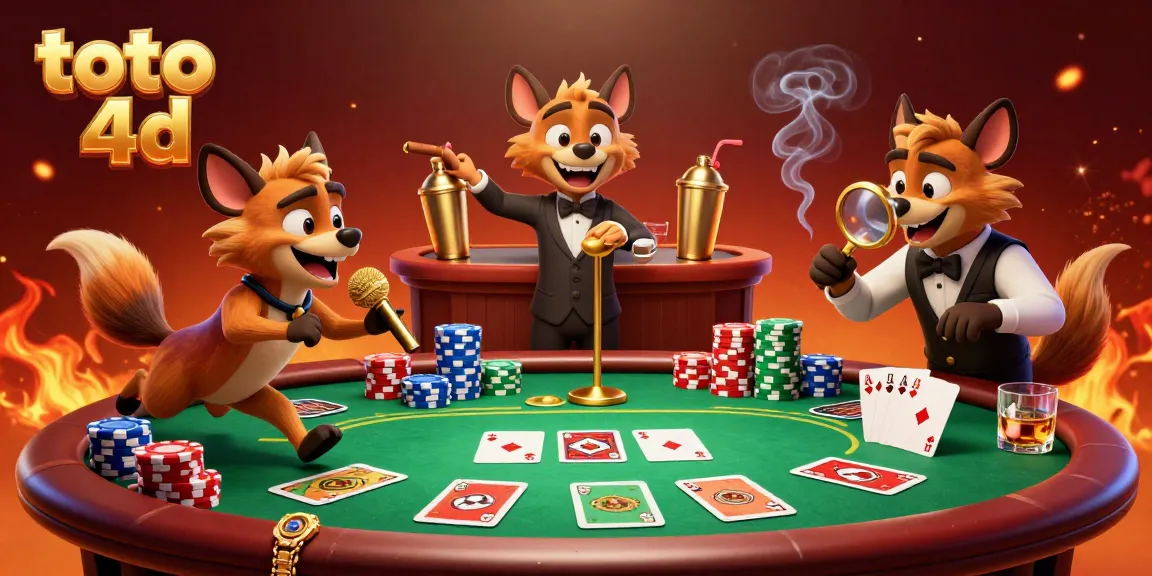 Engage in thrilling toto 4d casino action as animated hyenas run a comedic gambling scene filled with vibrant poker elements.