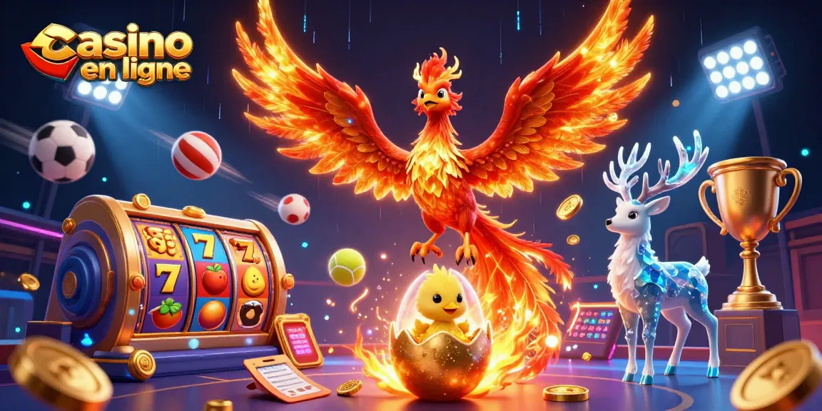 Experience the vibrant excitement of casino en ligne with a dynamic illustration featuring a phoenix, symbols of luck, and casino elements.