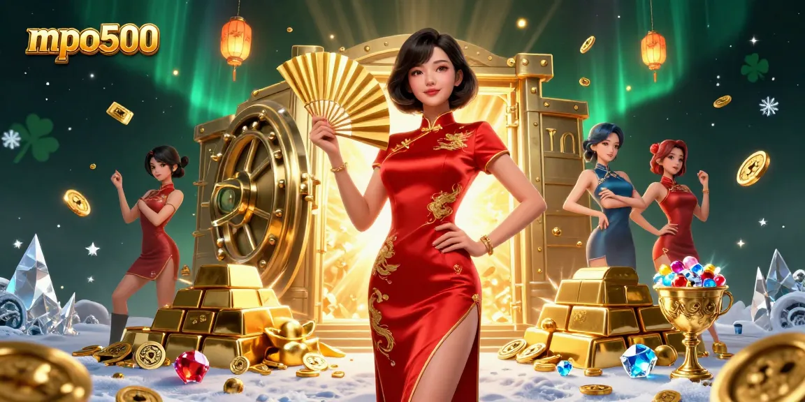 Engage in gaming action with mpo500, featuring a stunning Asian woman in rich attire amidst golden treasures and captivating visuals.