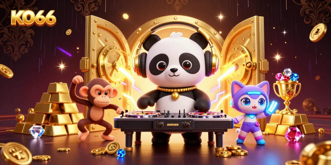 Engage with KO66 as DJ panda spins roulette wheels, while monkey dances and kitten glows with excitement.
