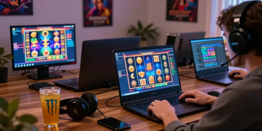Player focused on slot gacor game on laptop in cozy gaming setup.