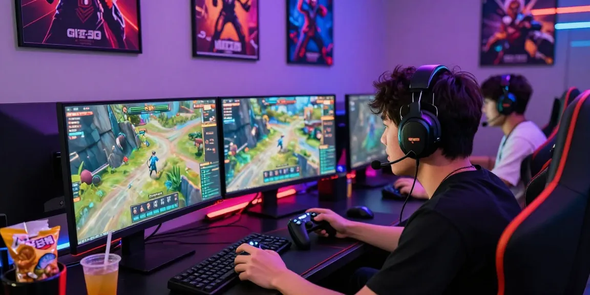 Gamer beraksi di dunia virtual terjun4d dengan dua monitor dan suasana penuh semangat.
